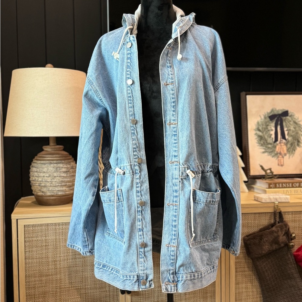 Vintage 80’s Billy Blues oversized hooded denim pocket drawstring utility jacket